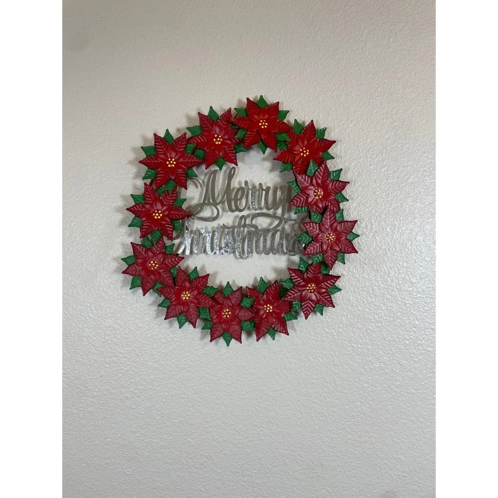 Metal Poinsettia Wreath Merry Christmas Wall Decor Red Green‎ Silver